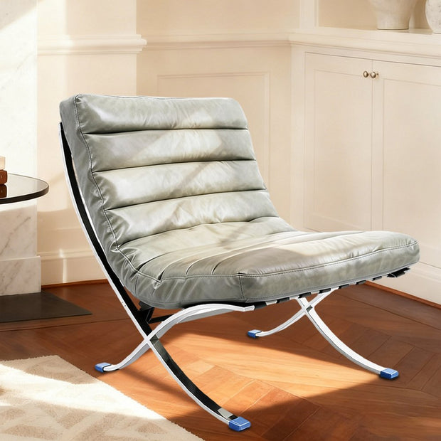 29" Gray and Silver Tufted Leather and Upholstered Folding Lounge Chair - Fluent Trends Accent Chairs
