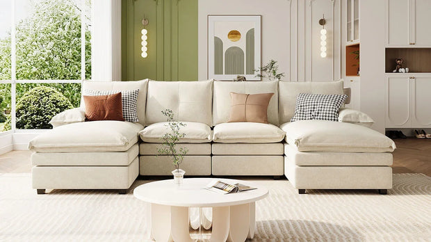 Fluent Trends U-Shaped Chenille Sectional Sofa - Beige 6-Seater with Adjustable Armrests - Fluent Trends