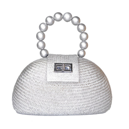 The Orla Silver Woven Straw & Wooden Bead Statement Clutch Bag