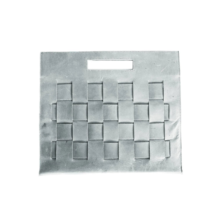 Woven Laptop Clutch in Glacial Gray, a sustainable and stylish eco-friendly laptop sleeve with a cut-out handle.