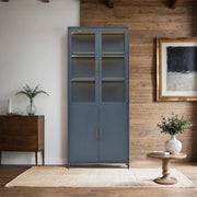 Modern Style 76.75'' Tall Steel Display Cabinet with Double Glass Doors, LED Lights, 3-Sided Glass for Collectibles - Dark Blue - Fluent Trends