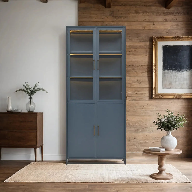 Modern Style 76.75'' Tall Steel Display Cabinet with Double Glass Doors, LED Lights, 3-Sided Glass for Collectibles - Dark Blue - Fluent Trends