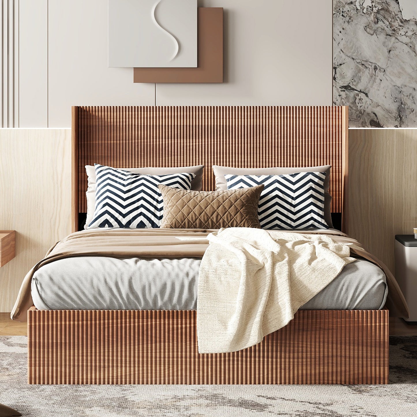 Large Grooved Undulating QueenSize Wooden Platform Bed Frame With Lift Storage