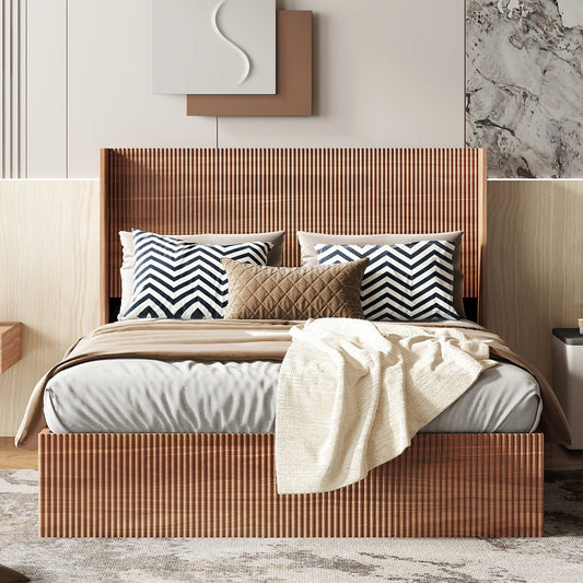 Large Grooved Undulating QueenSize Wooden Platform Bed Frame With Lift Storage