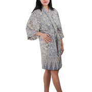Hand Dyed Batik Robe Kimono, 100% Cotton, Gray, Silver Petals - Fluent Trends