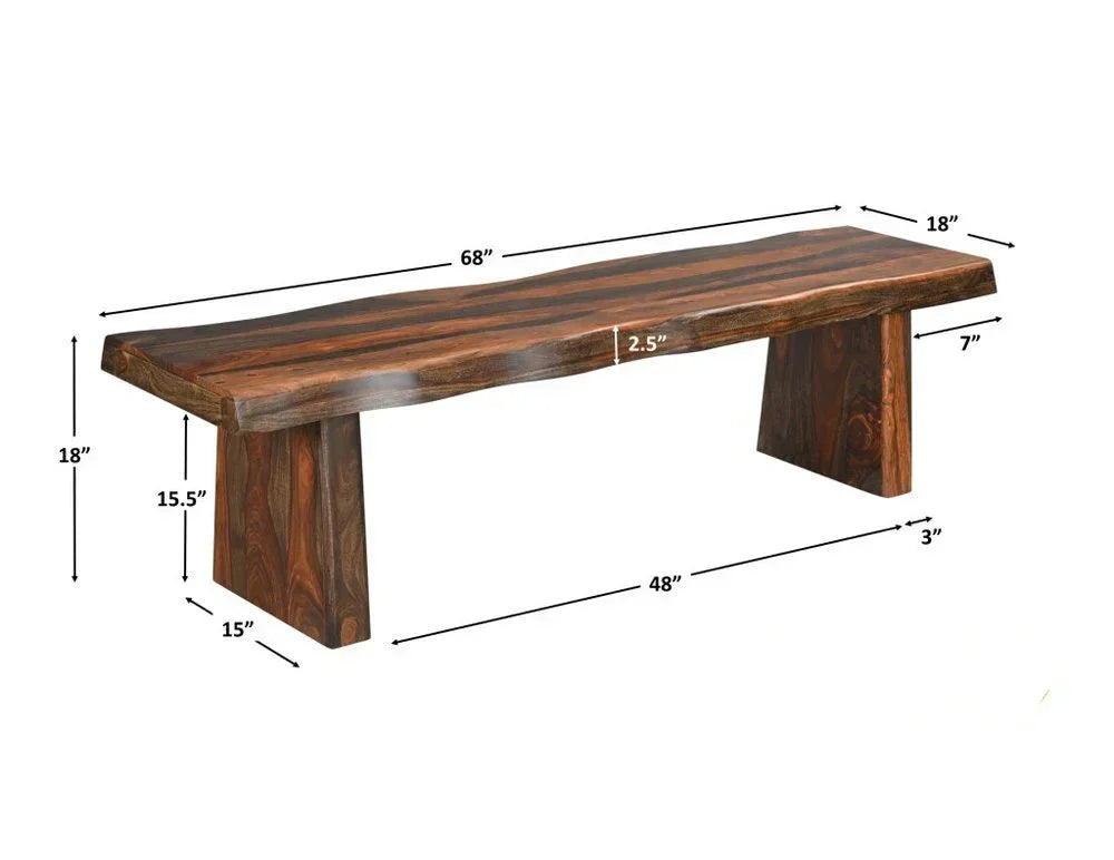 Dimensional graphic diagram of a sixty-eight inch solid wood dining bench detailing the height width length and seat thickness measurements