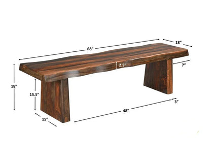 Dimensional graphic diagram of a sixty-eight inch solid wood dining bench detailing the height width length and seat thickness measurements
