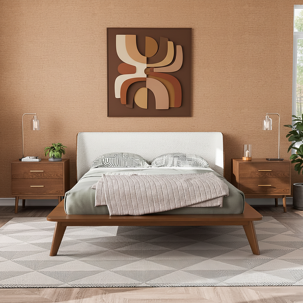 Beige Boucle Full Platform Bed with Walnut Finish