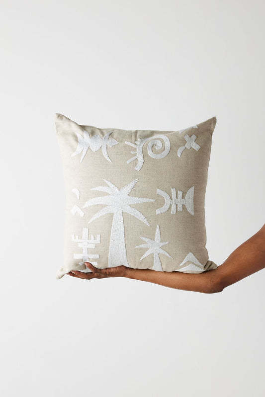 Keiskamma Natural White Linen & Silk Embroidered Throw Pillow Kanju Interiors