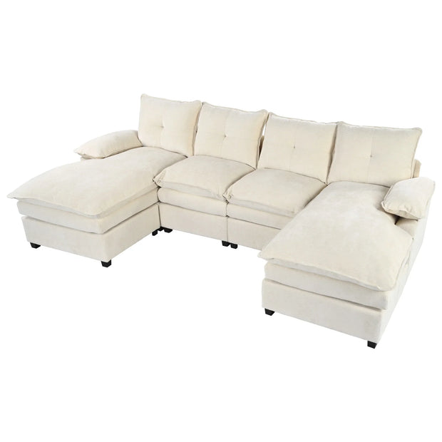 Fluent Trends U-Shaped Chenille Sectional Sofa - Beige 6-Seater with Adjustable Armrests - Fluent Trends