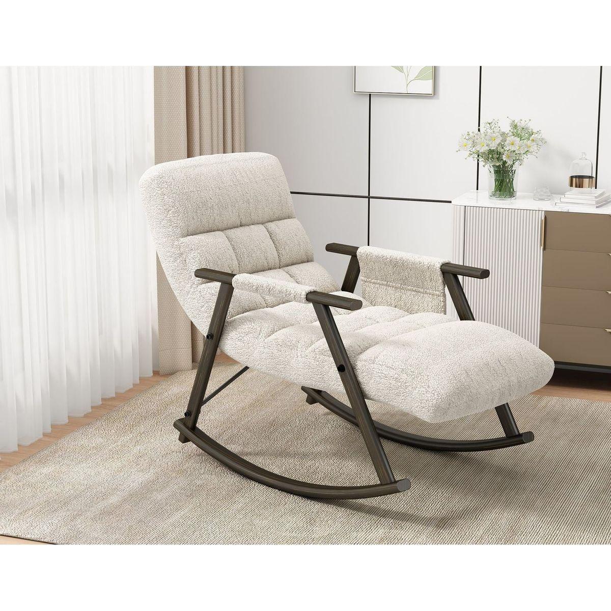 Casual folding rocking chair upholstered, lounge rocking chair adjustable high back and foot rest,side pockets placed in living room bedroom balcony Streamdale Furniture