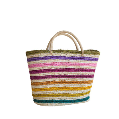 Rainbow Handwoven Color Strips Raffia Tote