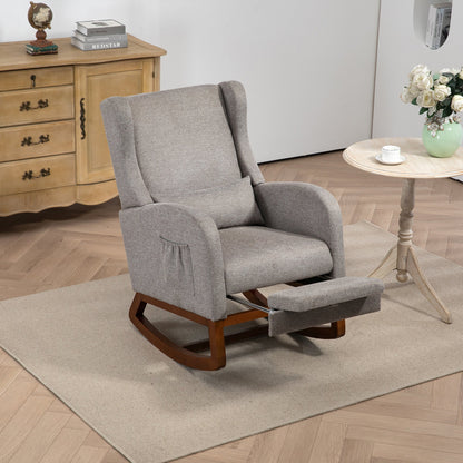 25.4'W Modern Rocking Chair for Nursery, Mid Century Accent Arm Rocker With Retractable Footrest, Side Pocket, Comfy Upholstered Wingback Wooden Glider Chair for Living Room Baby Kids Room. Taupe
