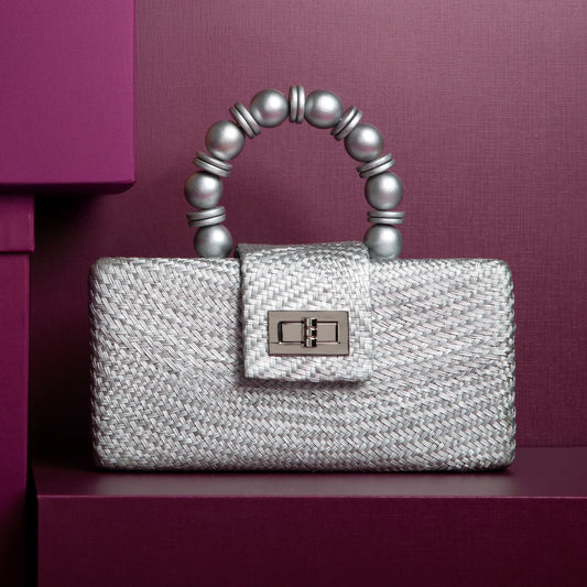 THE SERENA Silver Woven Straw Clutch Bag Powered by People