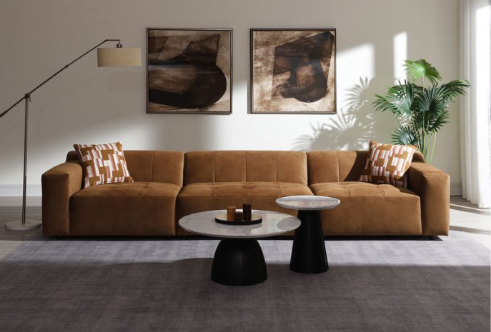 Contemporary Modular Sofa Set, Chocolate Suede Finish with 2 Matching Toss Pillows - Fluent Trends Modular Sofa