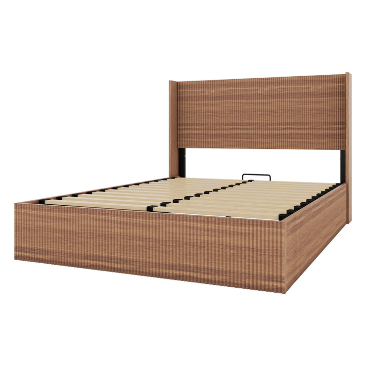 Large Grooved Undulating QueenSize Wooden Platform Bed Frame With Lift Storage - Fluent Trends