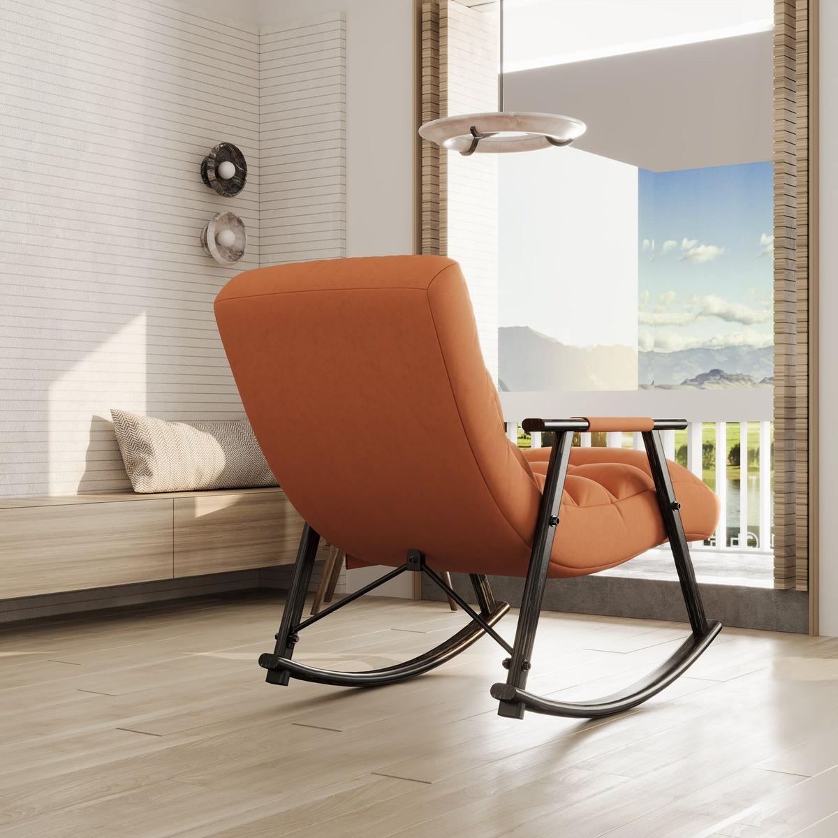 Casual folding rocking chair upholstered, lounge rocking chair adjustable high back and foot rest,side pockets placed in living room bedroom balcony Streamdale Furniture