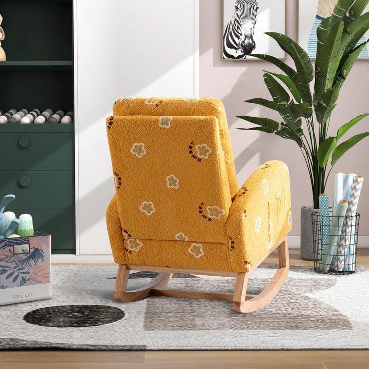 Modern Nursery Rocking Chair Mid Century Accent with Side Pocket Mustard Boucle Upholstered High Back - Fluent Trends