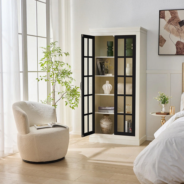 Rustic Style Display Curio Cabinet with Lattice Window Doors for Collectibles | White & Black - Fluent Trends