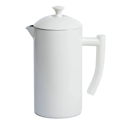 White ceramic French press coffee maker with curved handle and lid knob