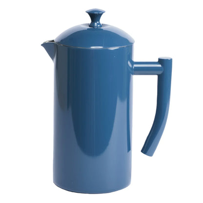 Modern blue French press coffee maker with curved handle and lid knob
