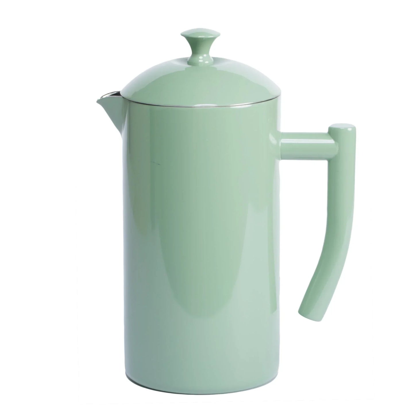 Glossy mint green French press coffee maker with curved handle and lid knob