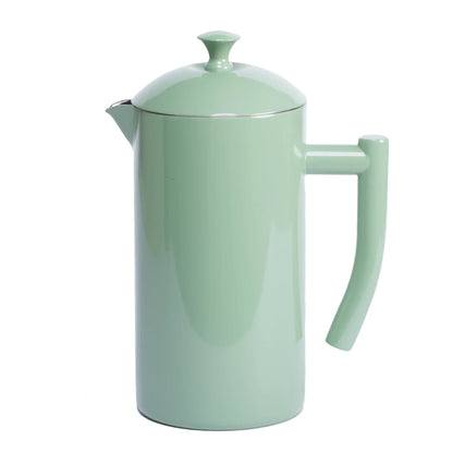 Glossy mint green French press coffee maker with curved handle and lid knob