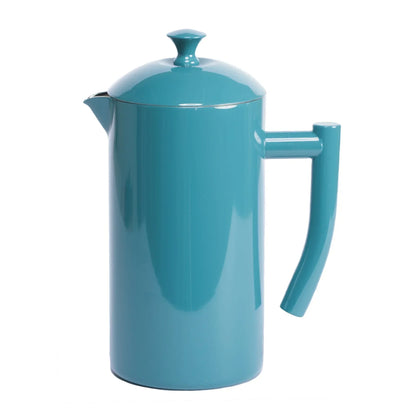 blue ceramic French press coffee maker with curved handle and lid knob