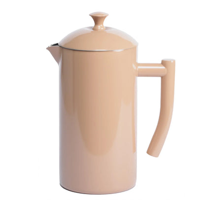 Beige French press coffee maker with cylindrical body and curved handle on white background