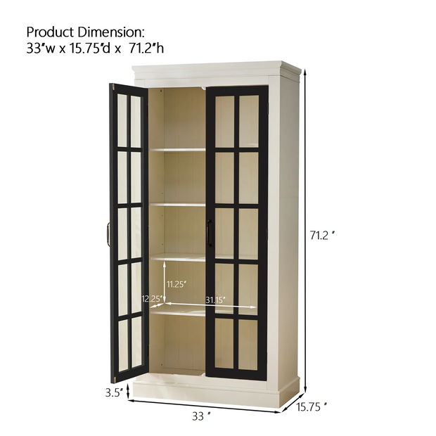 Rustic Style Display Curio Cabinet with Lattice Window Doors for Collectibles | White & Black - Fluent Trends