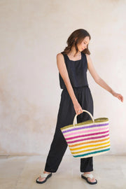 Rainbow Handwoven Color Strips Raffia Tote - Fluent Trends