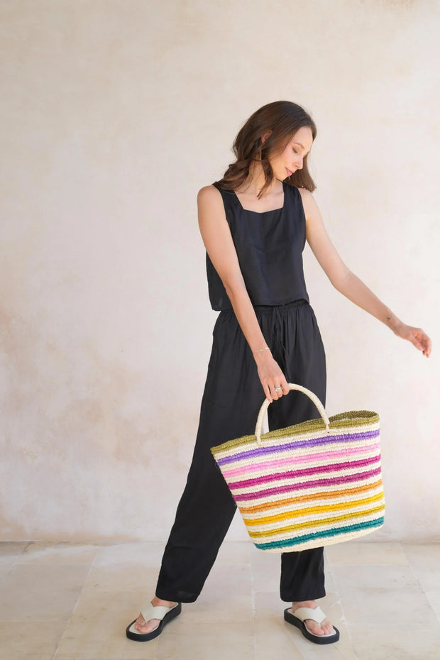 Rainbow Handwoven Color Strips Raffia Tote - Fluent Trends