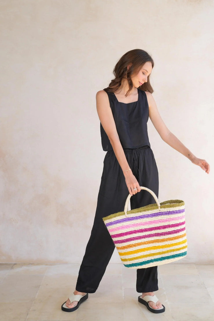 Rainbow Handwoven Color Strips Raffia Tote - Fluent Trends