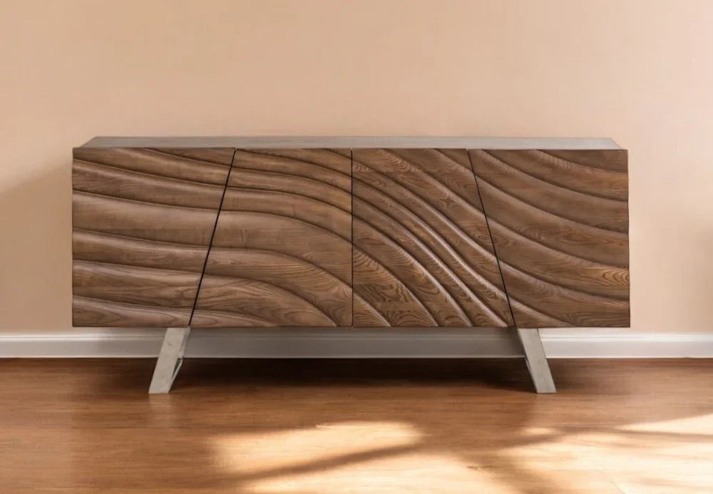 71" 3D Textured Buffet Cabinet in natural brown featuring contemporary wave design doors and sleek industrial steel legs.