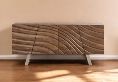 71" 3D Textured Buffet Cabinet in natural brown featuring contemporary wave design doors and sleek industrial steel legs.