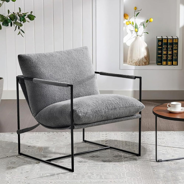 35" Gray and Black Boucle And Metal Sling Arm Chair - Fluent Trends Accent Chairs