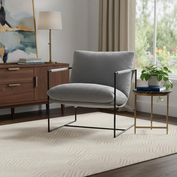 35" Gray and Black Boucle And Metal Sling Arm Chair - Fluent Trends Accent Chairs