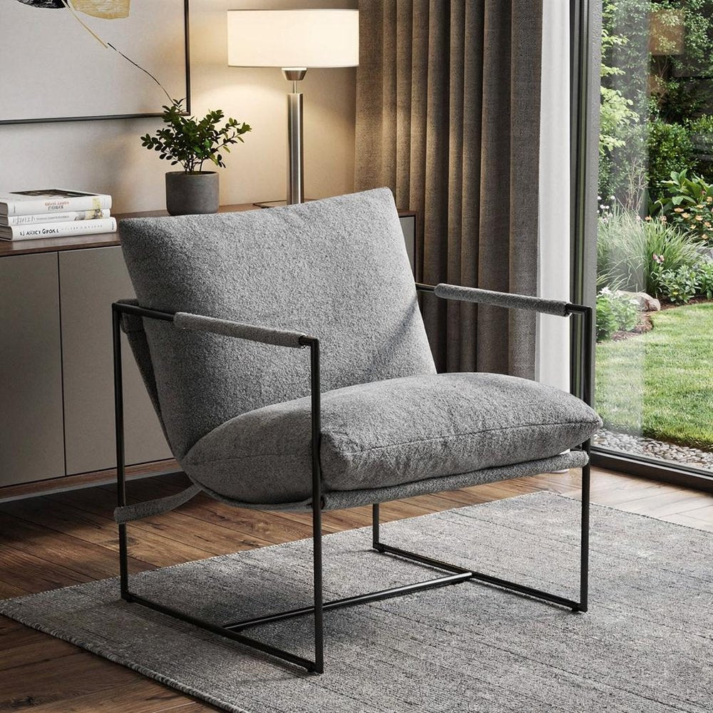 35" Gray and Black Boucle And Metal Sling Arm Chair