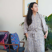 Hand Dyed Batik Robe Kimono, 100% Cotton, Gray, Silver Petals - Fluent Trends