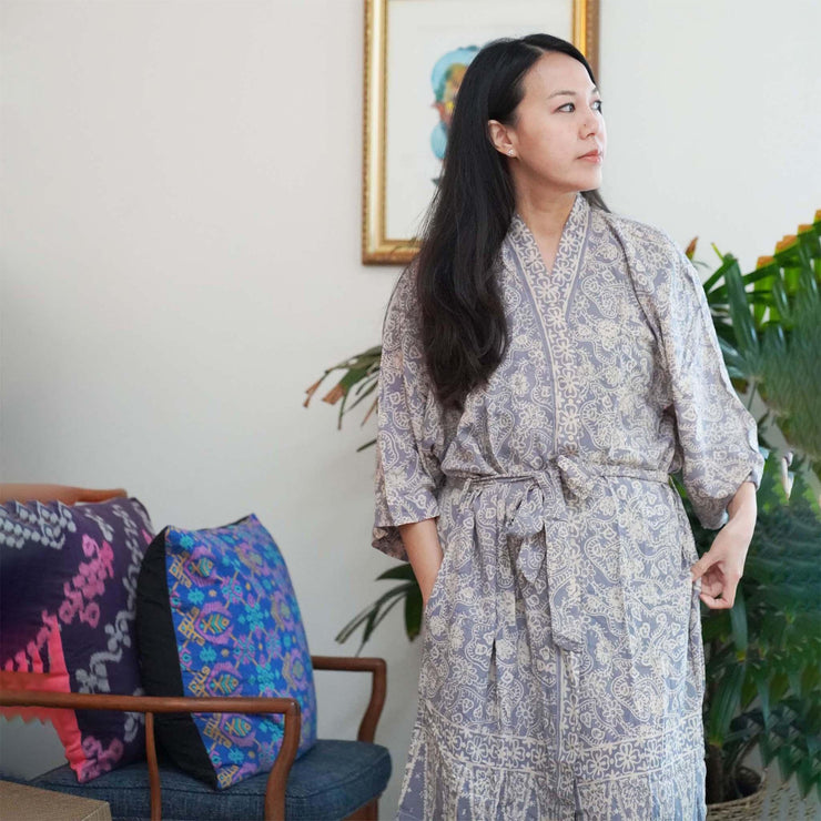 Hand Dyed Batik Robe Kimono, 100% Cotton, Gray, Silver Petals - Fluent Trends