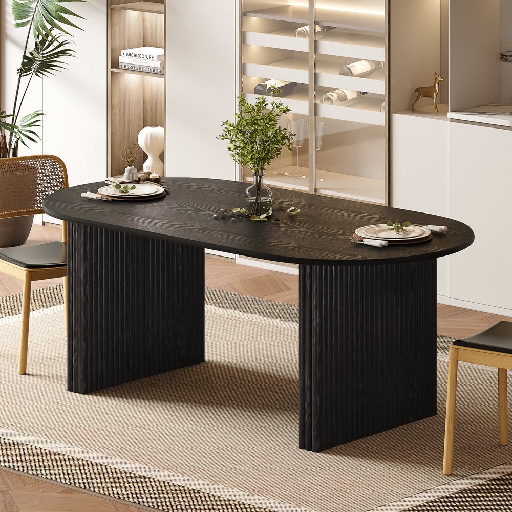 67" Black Solid Wood Double Pedestal Base Oval Dining Table