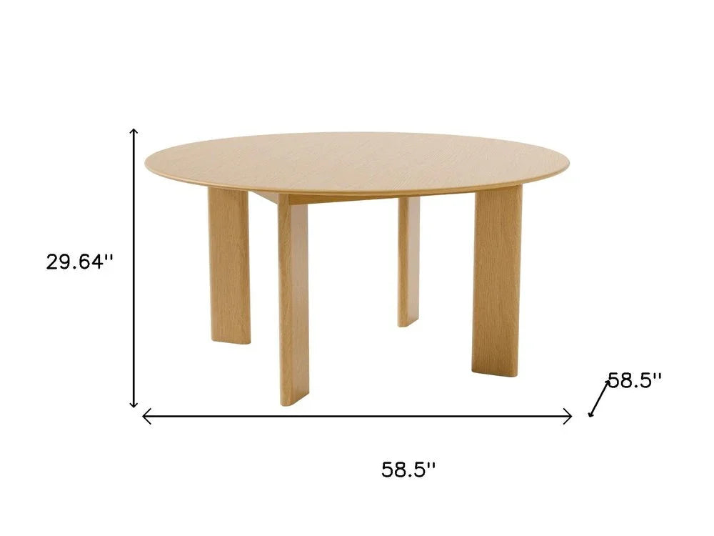 Round light wood dining table with four legs, 58.5-inch diameter, modern home furniture