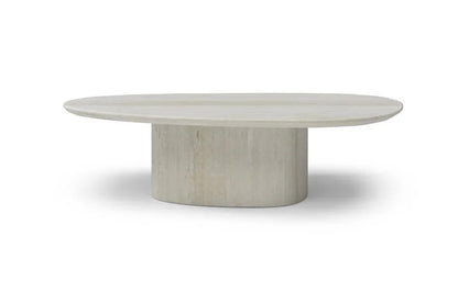 Front view of the Sia 51-inch genuine marble coffee table featuring a beige oval top and matching pedestal base.