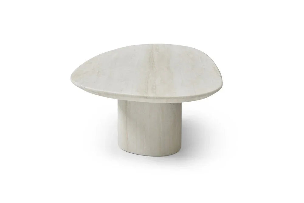 Top-down perspective view of the Sia 51-inch beige genuine marble coffee table showing the expansive oval surface and pedestal base.