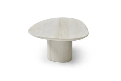 Top-down perspective view of the Sia 51-inch beige genuine marble coffee table showing the expansive oval surface and pedestal base.