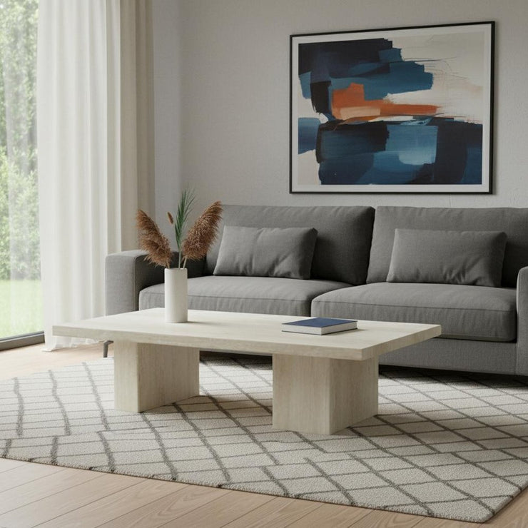 55" Beige Genuine Marble and Marble Double Pedestal Coffee Table - Fluent Trends Coffee Tables