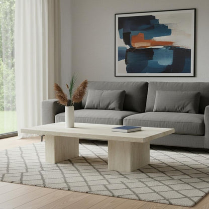 55" Beige Genuine Marble and Marble Double Pedestal Coffee Table