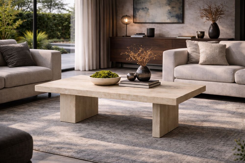 55" Beige Genuine Marble and Marble Double Pedestal Coffee Table