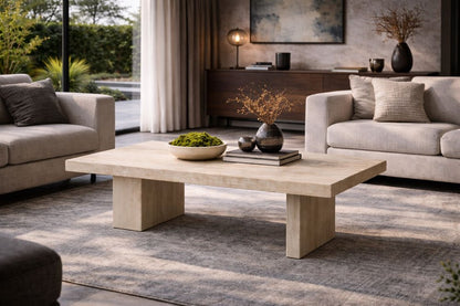 55" Beige Genuine Marble and Marble Double Pedestal Coffee Table