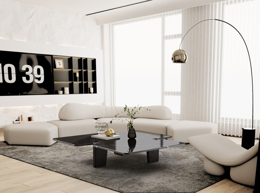 47" Black Genuine Marble and Solid Wood Free Form Coffee Table